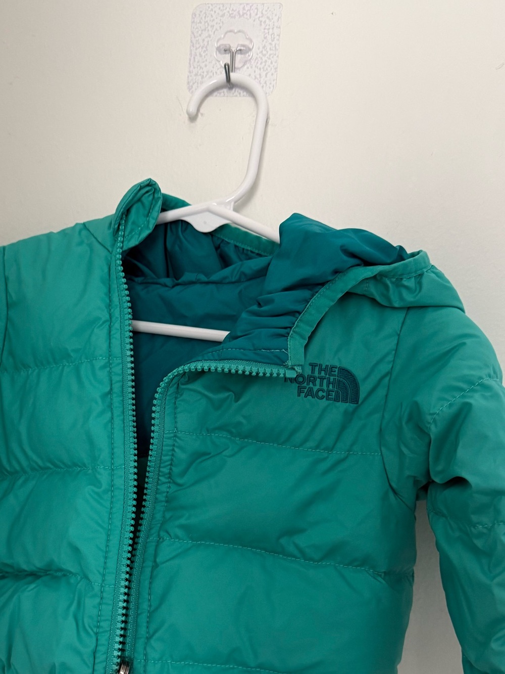 The North Face Teal/Turquoise Kids Puffer reversible hooded and mittens